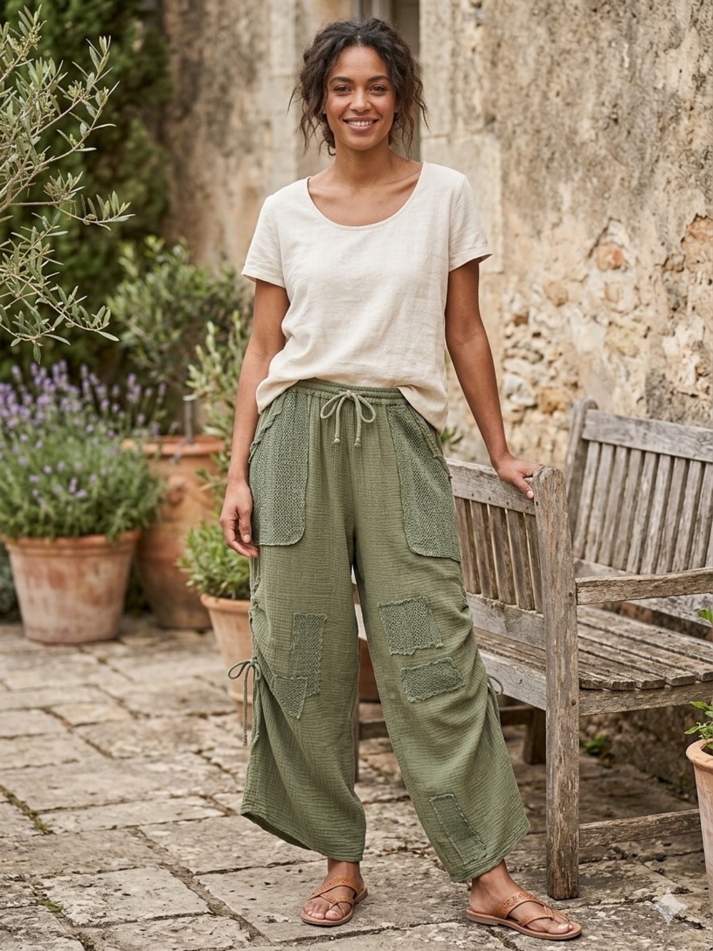NWT Relaxed Olive Green Patchwork Wide-Leg Pants